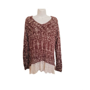 Vanity Burgundy White V-Neck Sweater with Lace Trim Y2K fairy vintage sz med